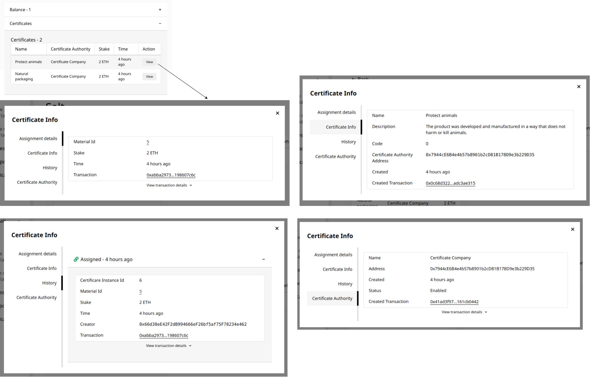 Material view certificates